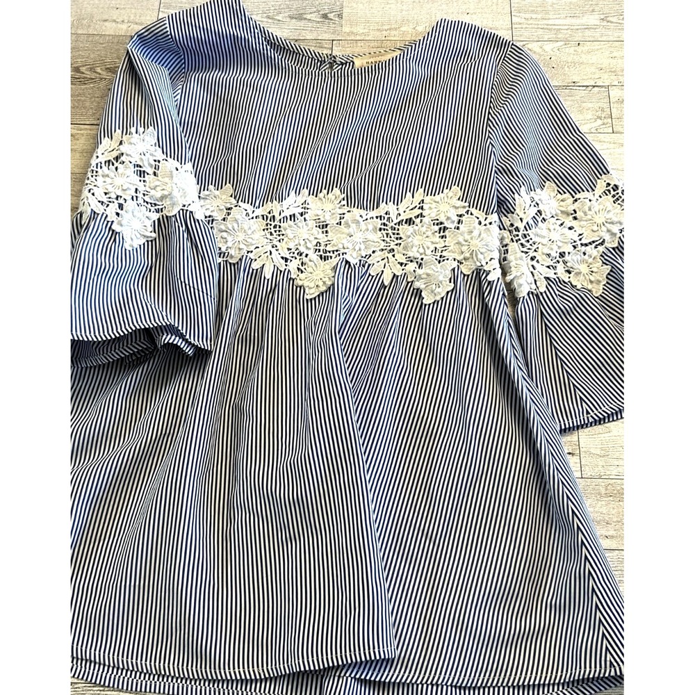Girls Hannah Banana striped Top Shirt belle sleeves Applique blue white Size 12